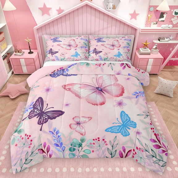 Homewish Girly Pink Butterfly Bedding Comforter Set, Spring Garden Animal Twin Comforter Sets, Princess Cartoon Reversible Bedding Set, Ultra Soft Bedroom Decor, 2-Piece