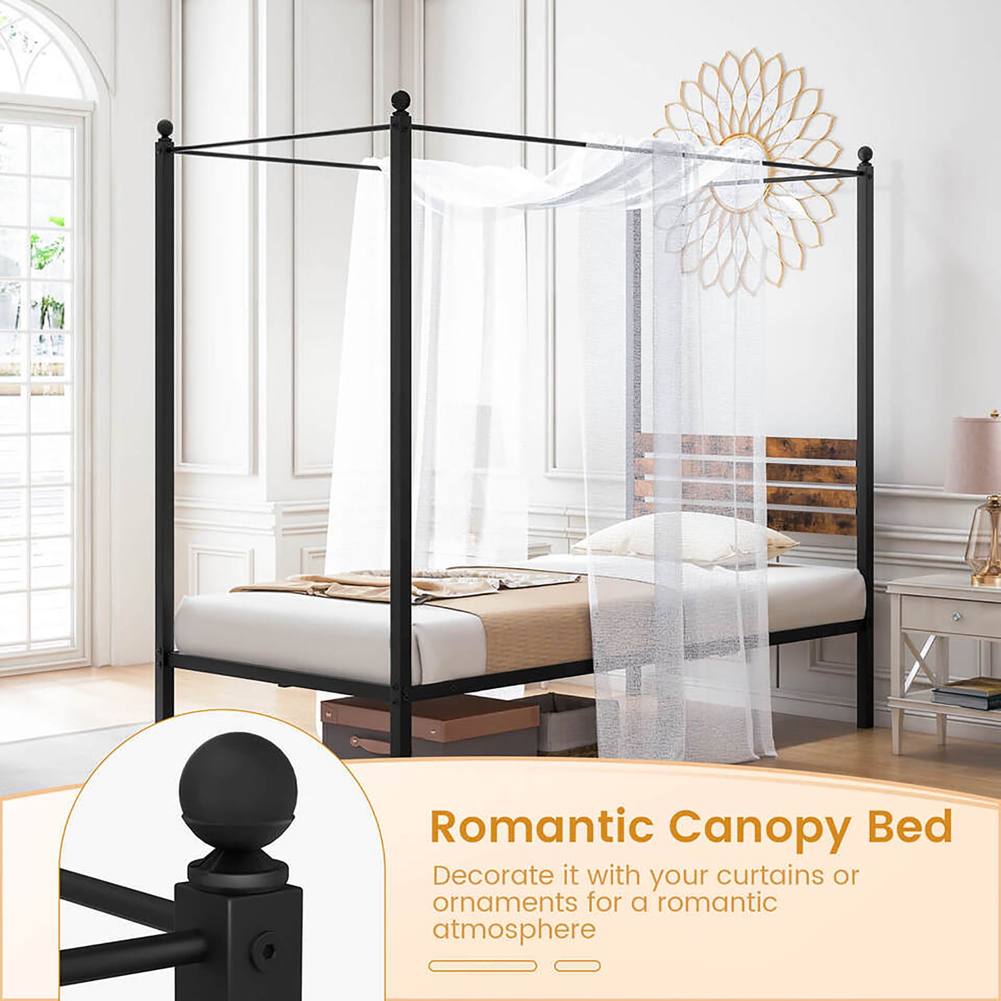 Gymax Twin Size 4-Post Canopy Bed Frame Rustproof Metal Noise-free with Foot Pads