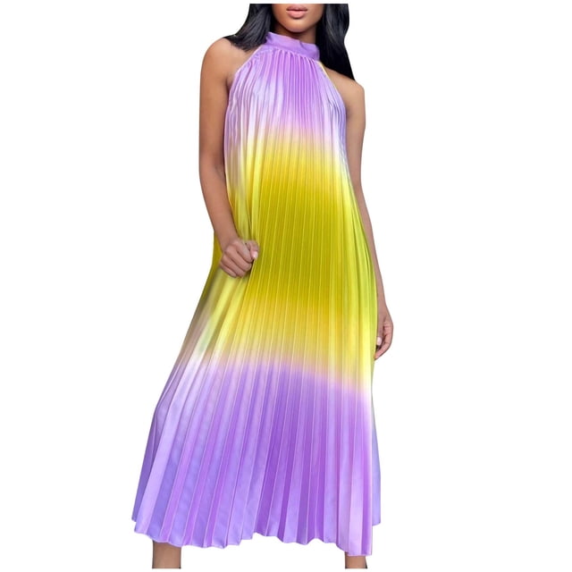 Robe Décontractée Sans Manches à Double Couleur Douce Plissée avec Col Rond Robe à la Mode et Populaire pour Femmes