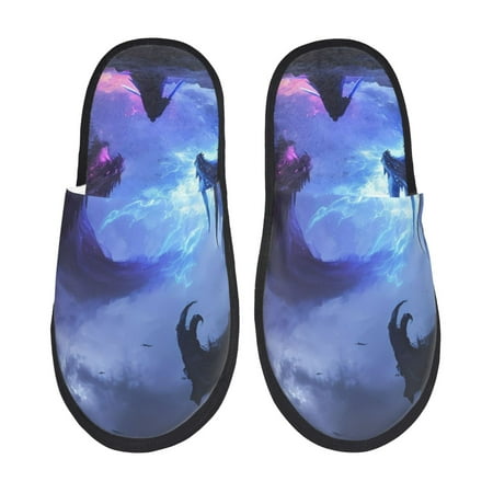 Balery Red And Blue Fire Dragon Slient Indoor Furry Fleece Comfort House Shoes Soft Non-Slip Home Shoes Cotton slippers House Slippers-- Large