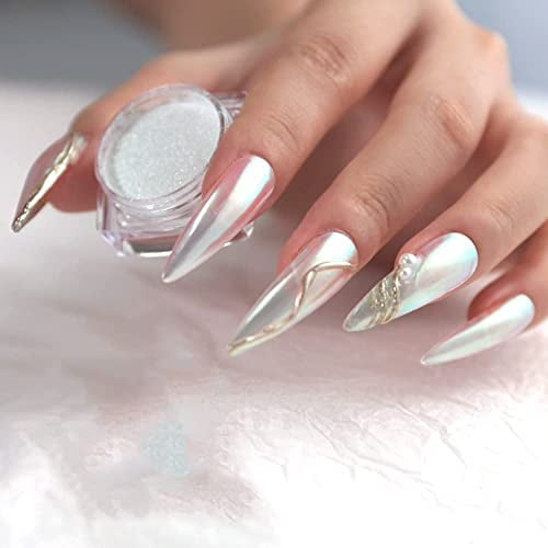 PrettyDiva Aurora Chrome Nail Powder - 2Pcs White Pearl Chrome Nail Powder with Multi Color Shifting Metallic Powders Mirror Effect, Magic Moonlight Effect iridescent Pigment powder for Nails PrettyDiva Aurora Chrome Nail Powder - 2Pcs White Pearl Chrome Nail Powder with Multi Color Shifting Metallic Powders Mirror Effect, Magic Moonlight Effect iridescent Pigment powder for Nails