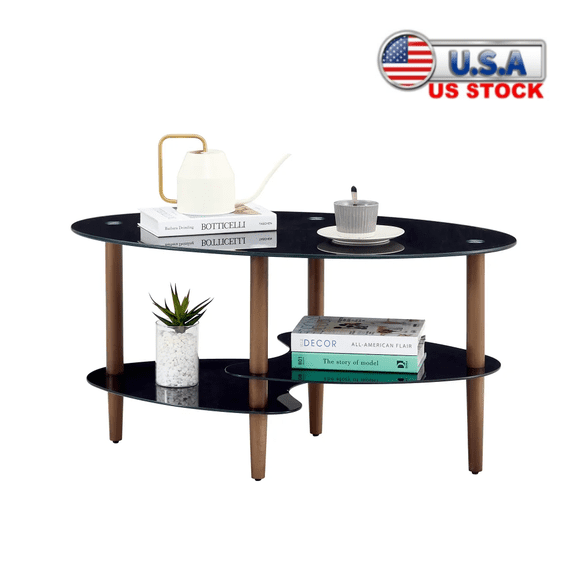 Tcbosik 3 Tier Tempered Glass Coffee Table, 35.4" Oval Center Table with Wood Legs for Living Room, Black