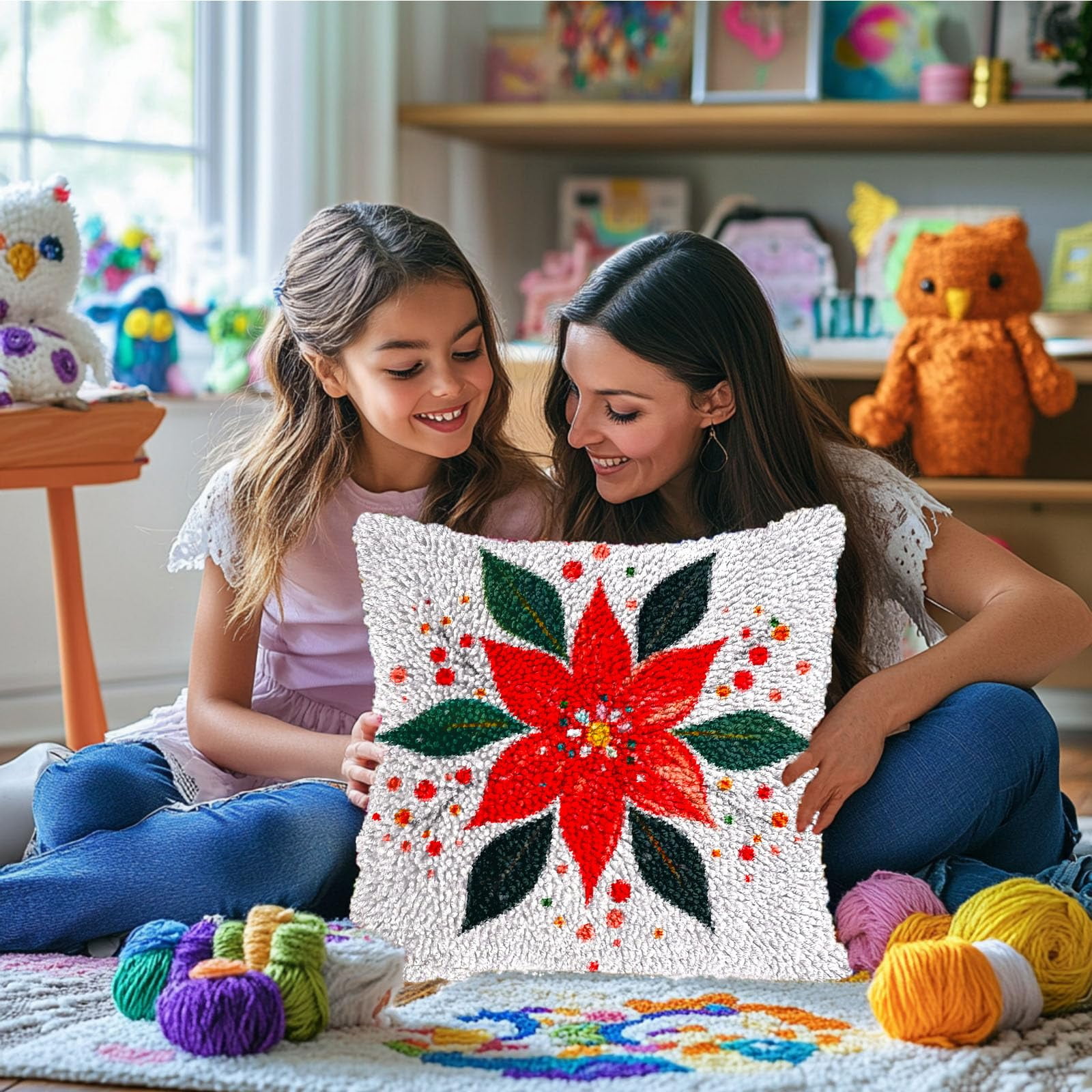 DIY Latch Hook Pillow Kits Merry Christmas Red Poppy Flower Printed Pillowcase Crochet Yarns Hooking Handmade Pillow Cover Cushion for Home Sofa Decoration 17x17inch-1