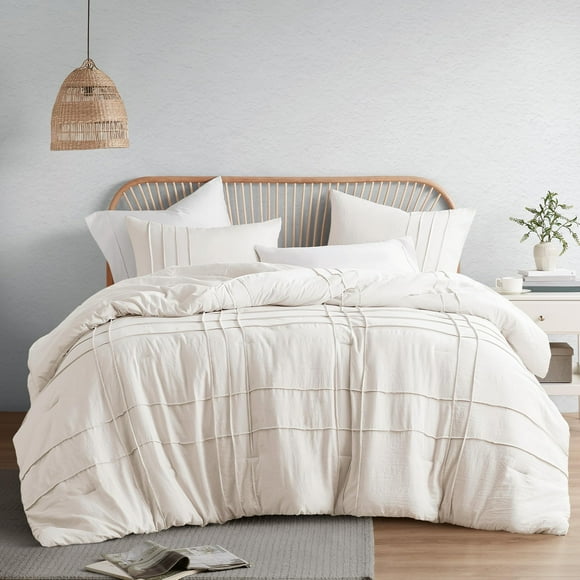 Comfort Spaces Neutral Full Size Comforter Set - 3 Pieces Pintuck Pleated Bedding Sets, All Season Lightweight, Extra Softness Pre-Washed Microfiber Bed Set, Shams