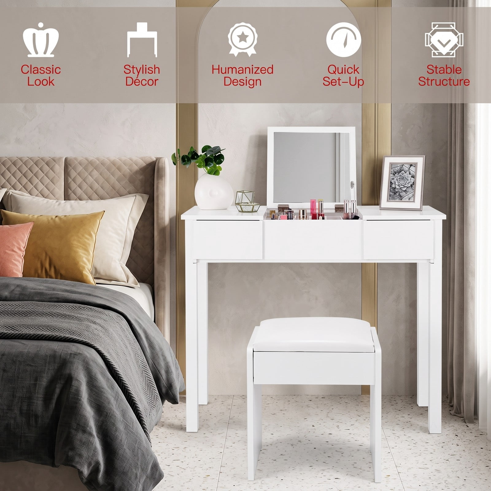 Furnibear Vanity Makeup Dressing Table Set with Flip Top Mirror and Cushioned Stool, Makeup Vanity Desk with 2 Drawers and Hidden Storage, White