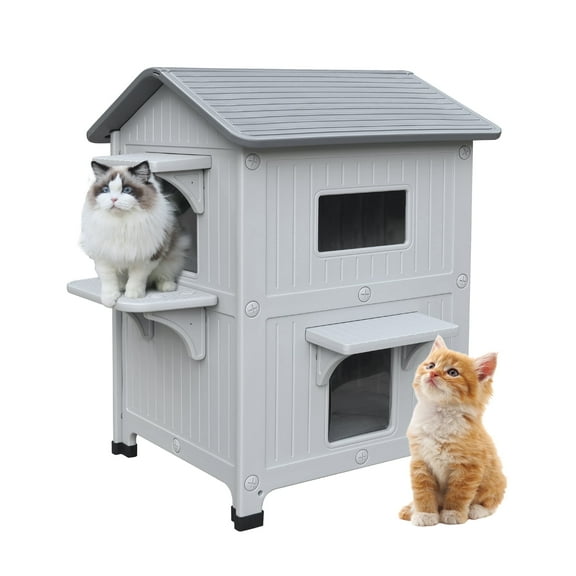 outdoor cat house Insulated Cat House with Escape Door, Waterproof 2 Story Outdoor Houses for Cats Outside Cat Shelter, Spacious, Clean Easily