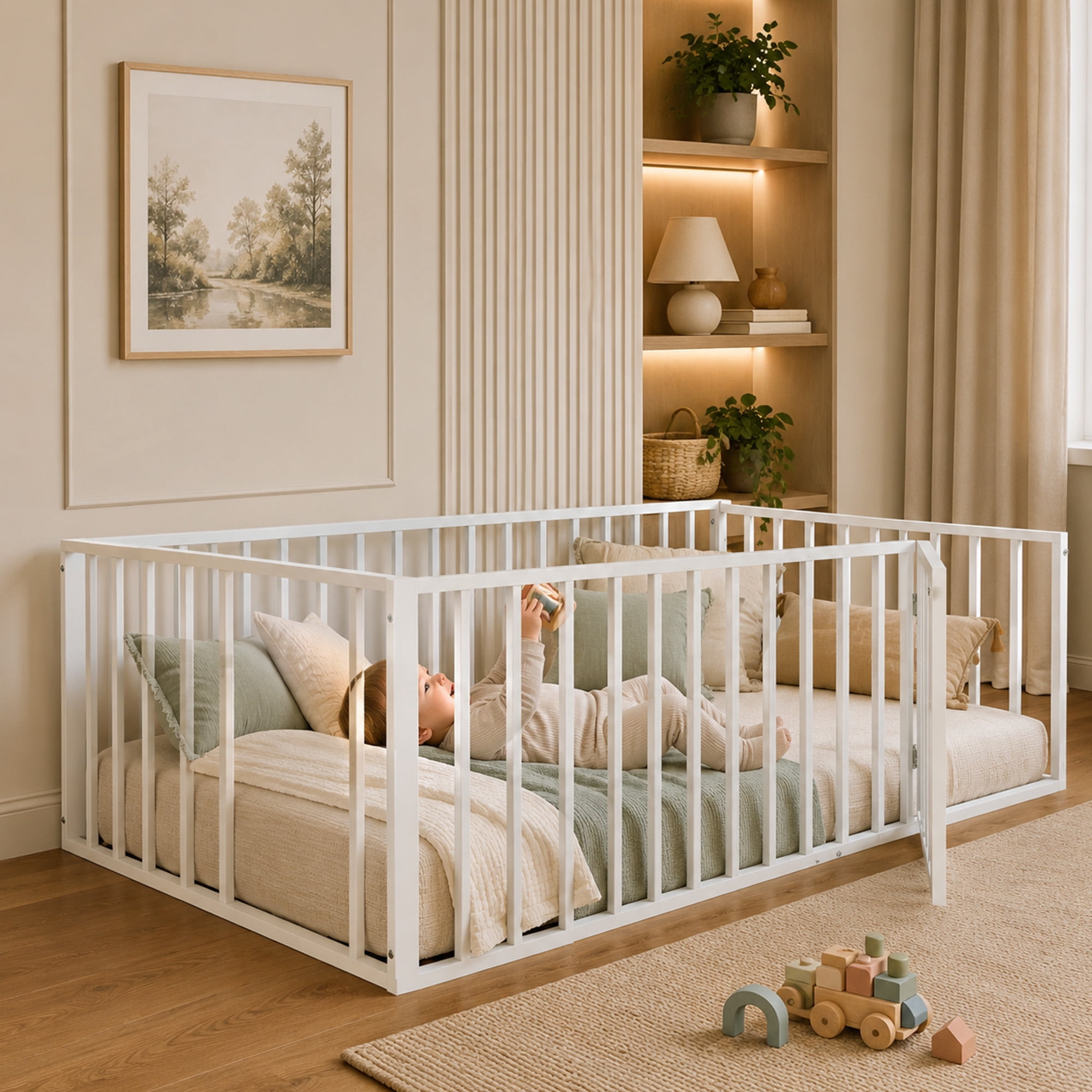Alvantor Floor Bed, Metal Platform Bed White