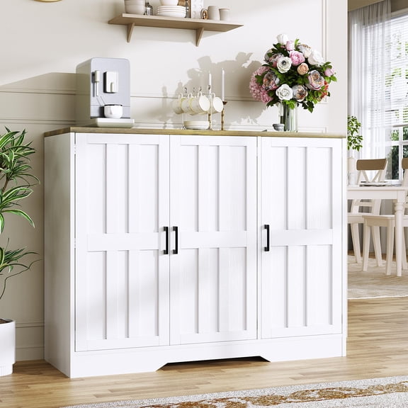 Vividwood Farmhouse Sideboard Buffet Cabinet with Doors, 42.5" Kitchen Storage Cabinets for Dining Room, Hallway, Living Room (White)