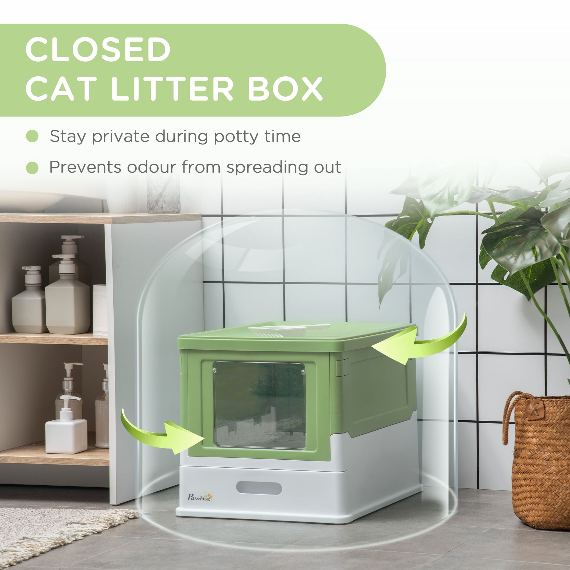 PawHut Fully Enclosed Cat Litter Box with Front Entry, Yellowish Green