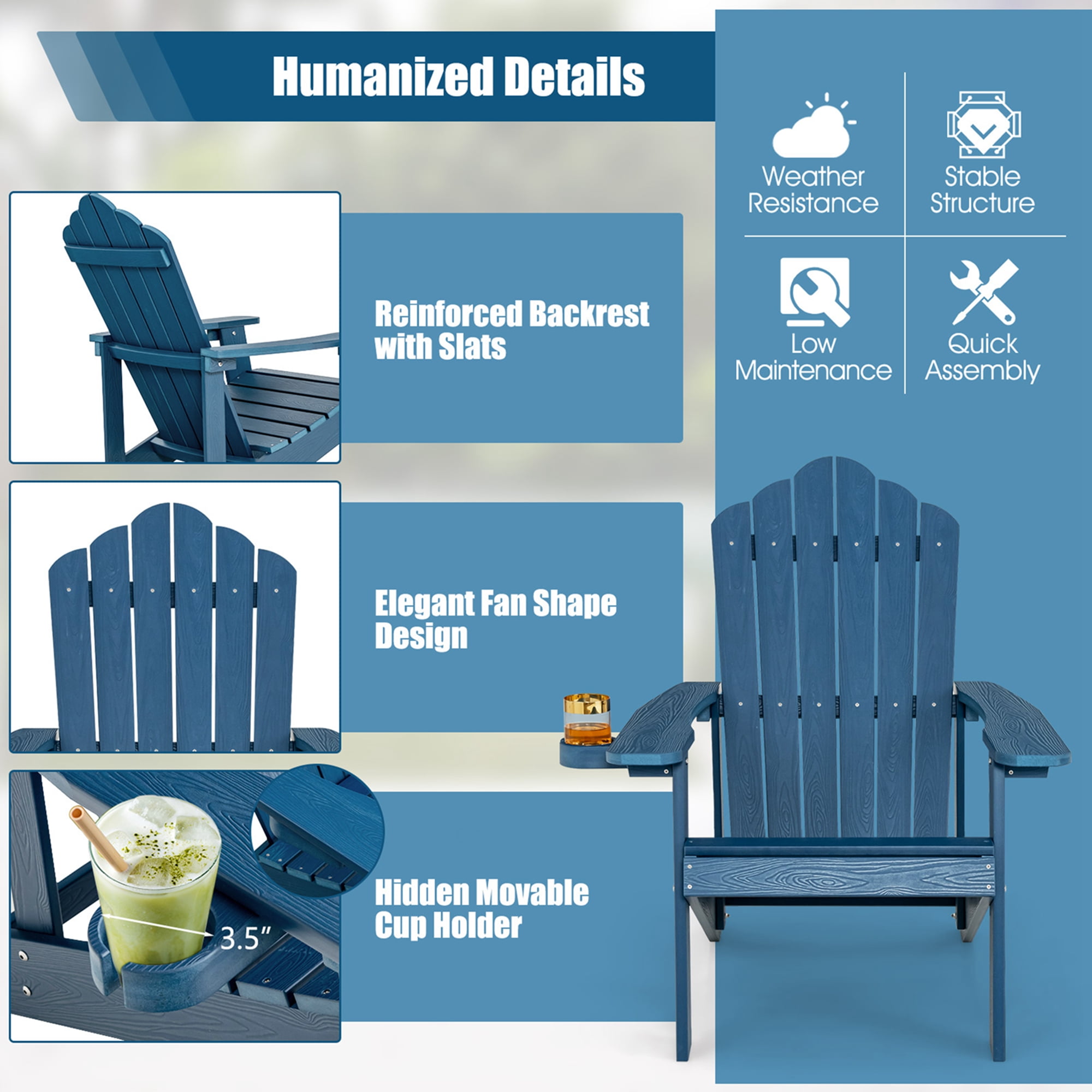 Costway Adirondack Chair HIPS Adirondack Chair with Cup Holder & Cushion Navy
