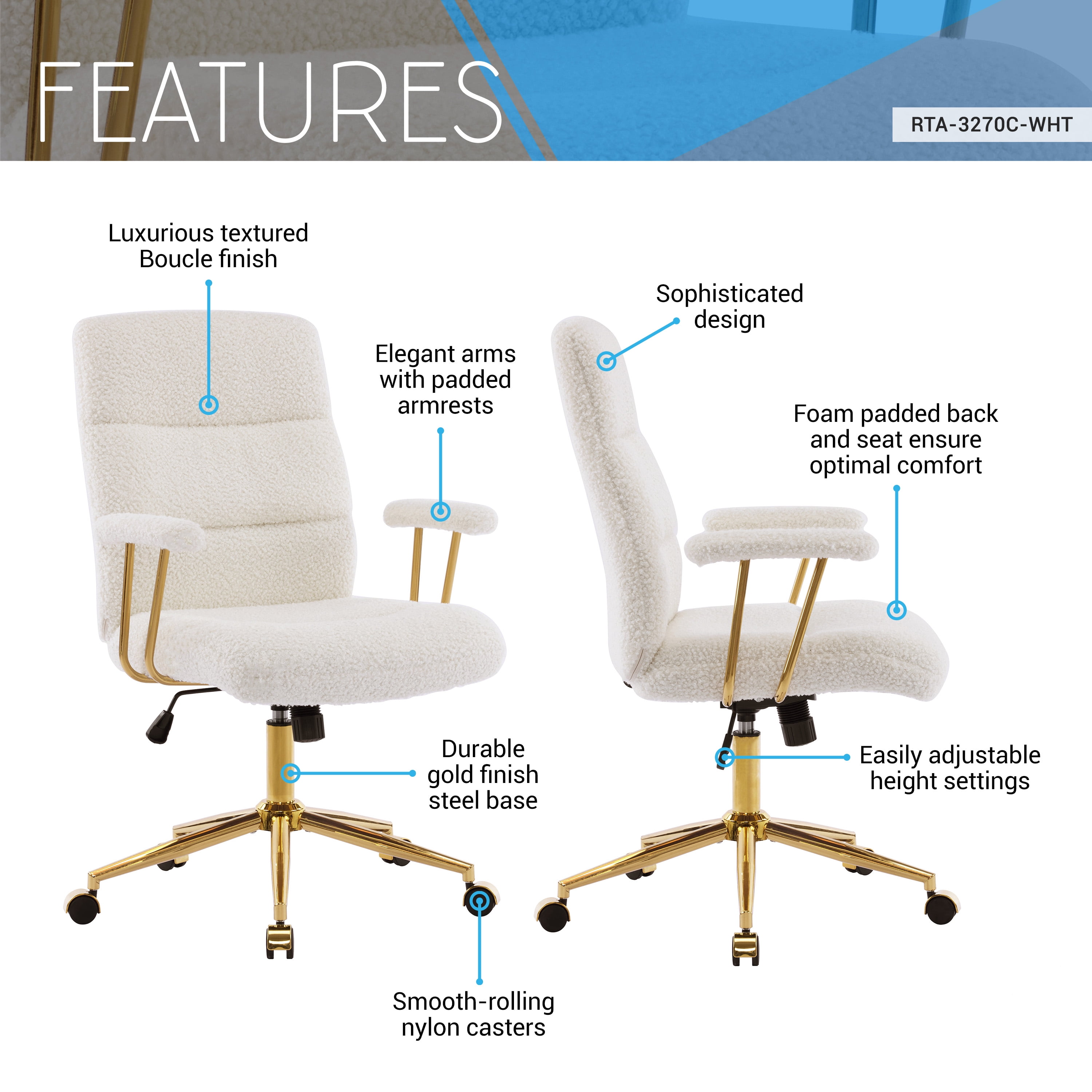 Techni Mobili Elegant Textured Boucle White and Gold Office Chair, RTA-3270C-WHT