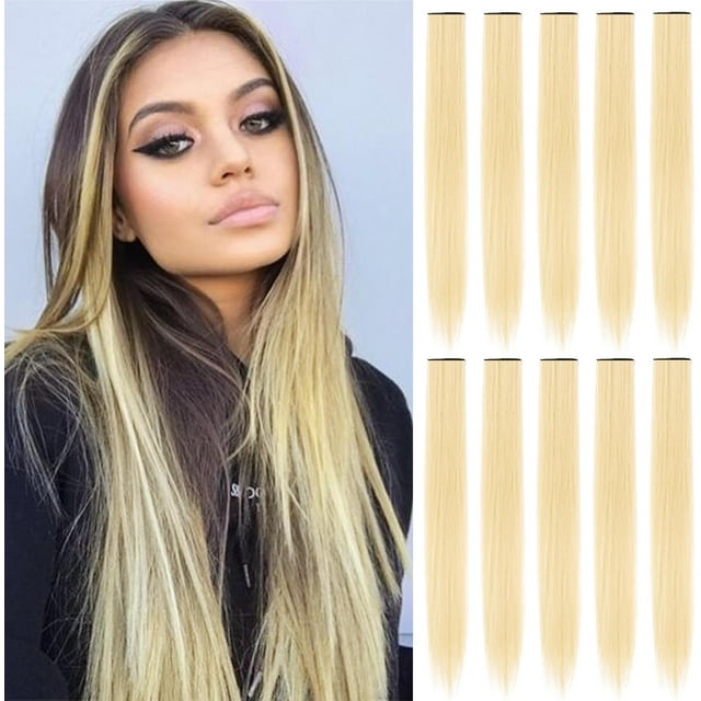 LAICAIW Extensions de Cheveux Colorées de 22 Pouces, Mèches de Fête Multicolores à Clipser, Extensions de Cheveux Synthétiques, Mèches de Fête Colorées pour Filles Femmes (10 Pcs Blanc Cassé)