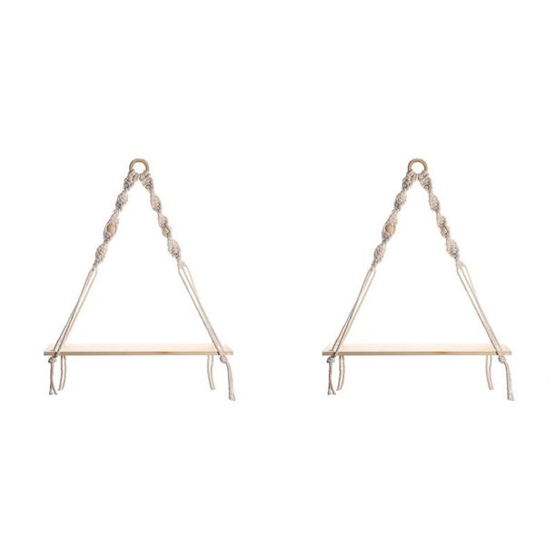 2 estantes colgantes de pared de macramé: estantes de pared de madera estilo bohemio con cuentas, estante flotante de estilo rústico para colgar plantas