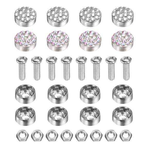 8 Pcs Anti Theft License Plate Screws Kits, Tag Plate Mounting Hardware, Rhinestone Design Screw Cap Cover Fitting for (Motorcycles/Cars/Trucks), White, AB Color