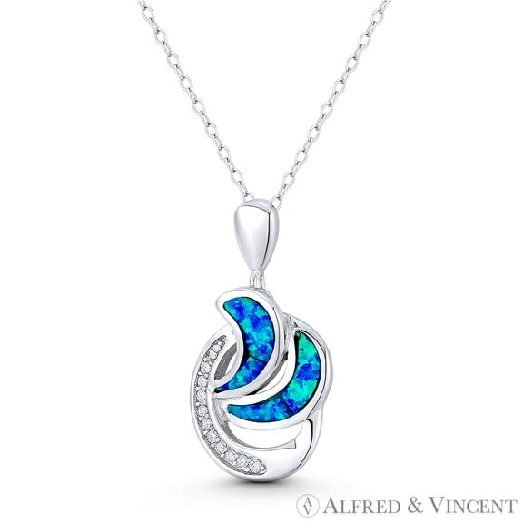 Abstract Freeform Charm Created Opal & CZ Crystal 27x15mm (1.1x0.6in) Statement Pendant & Chain Necklace in .925 Sterling Silver w/ Rhodium