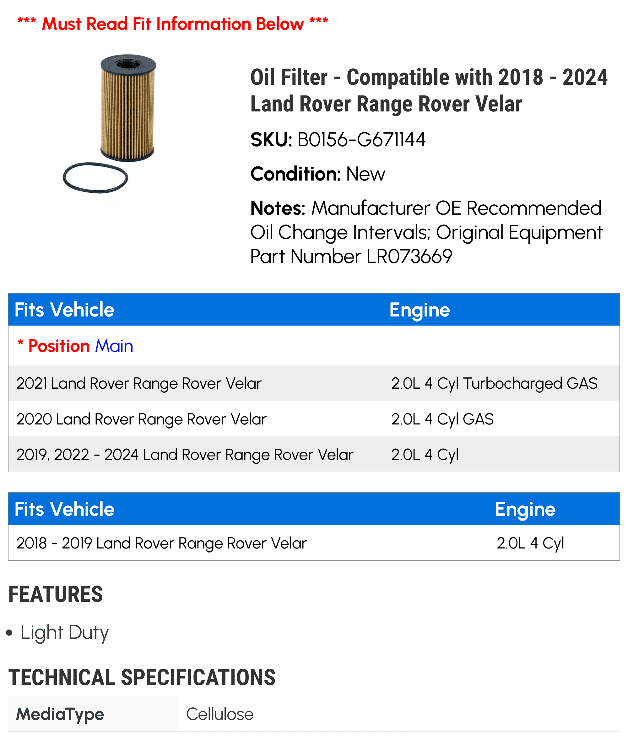 Oil Filter - Compatible with 2018 - 2024 Land Rover Range Rover Velar 2019 2020 2021 2022 2023