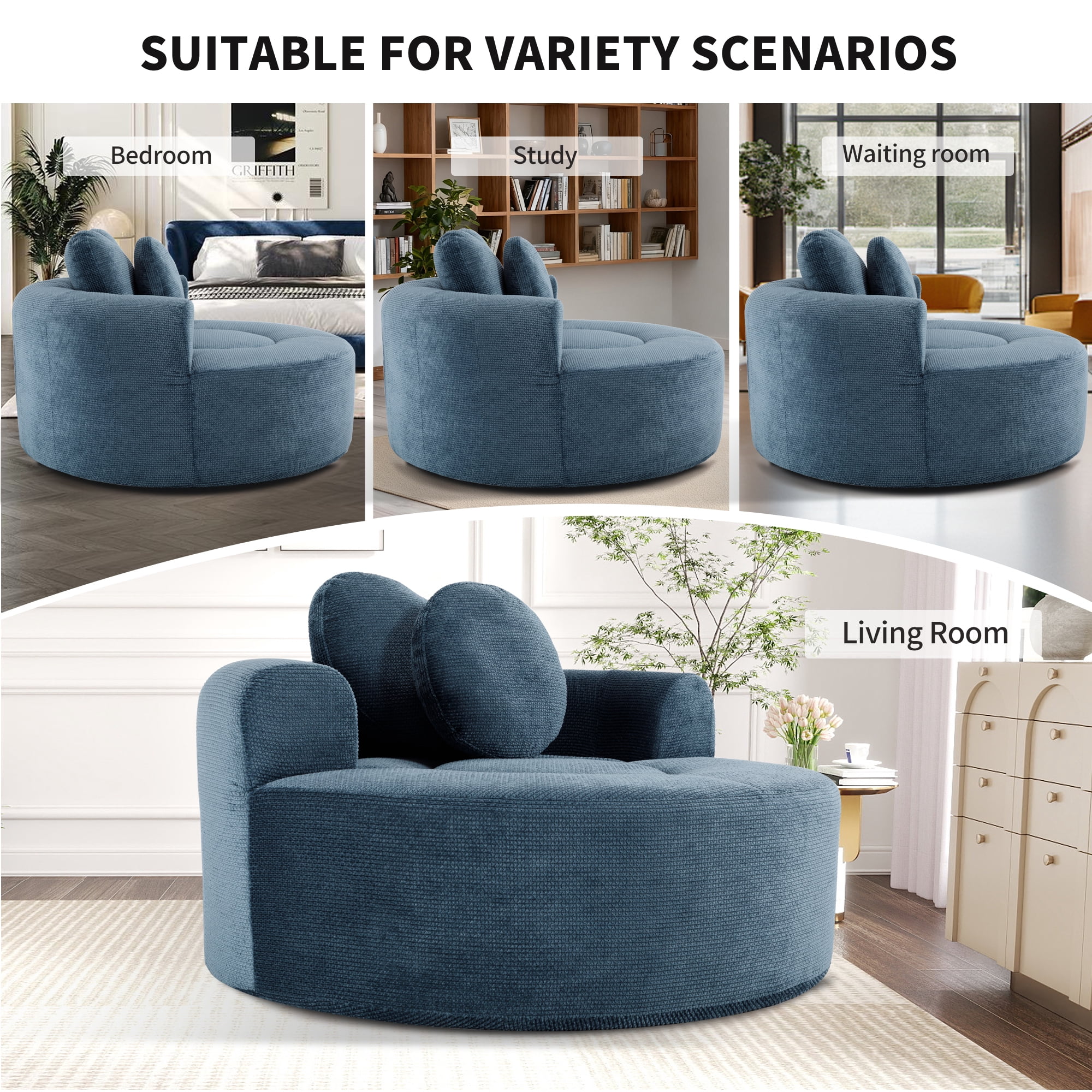 Leumius Oversized Round Chair Lounge Chaise Indoor,Upholstered Round Sofa Bed with Memory Foam,Comfy Cloud Circle Chair with Deep Seat for Living Room Bedroom,No Assembly Required,Blue