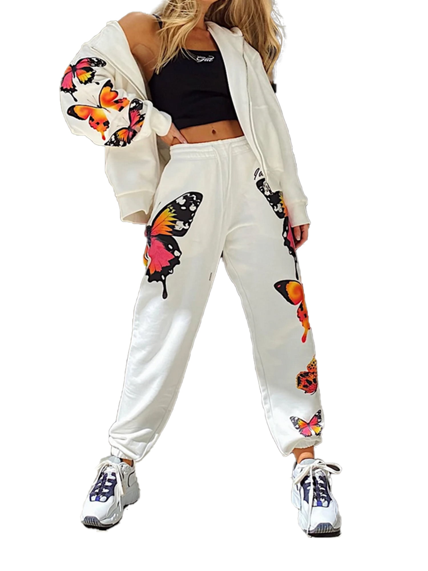 Women Tracksuit Set Butterfly Printed Hoodie Tops Joggings Trousers Activewear 