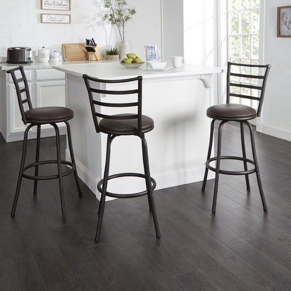 Mainstays 3 Pack Indoor Adjustable 24" or 29" Bronze Ladder Back Swivel Barstool, Espresso Vegan Leather Seat