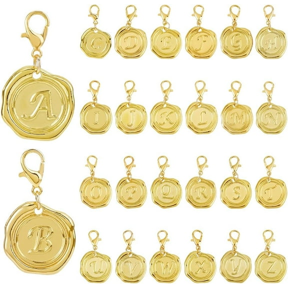 52Pcs 26 Styles Letter Charms Clip On Charm Zipper Pulls Charms Alloy A to Z Alphabet Charm with Lobster Clasp Letter Golden Decorations for Keychain Purse Backpack Ornament 1set