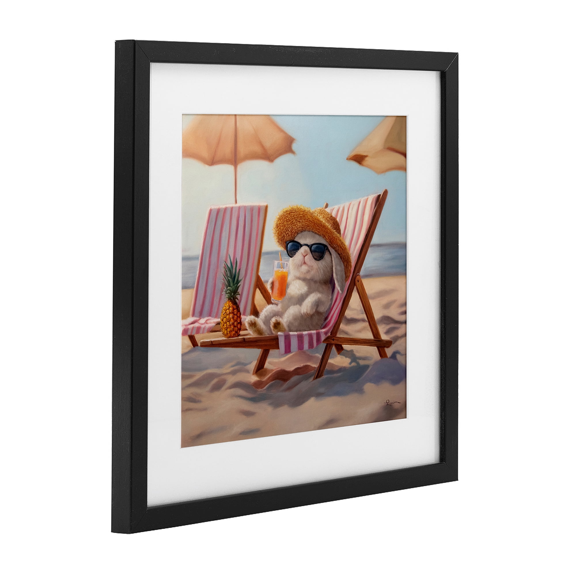Beach Bun Relaxation Black Framed Print Under Glass, design by Lucia Heffernan