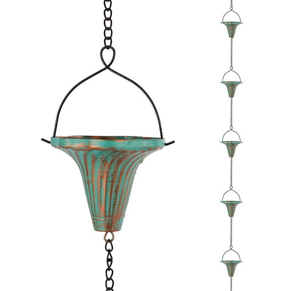 10 Ft Gutter Rain Chain, Metal Rainwater Collection Chain for Eaves Drainage, Rain Gutter Chain with 10 Green Funnel Cups