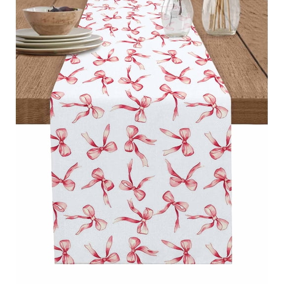 ERUNPONLY Pink Bow Ribbon Table Runner - 90 Inch Long Vintage Modern Art Bowknot Cotton and Linen Blended Dress Scarves Farmhouse Table Runner for Kitchen Dining, Coffee Table, 13"x90"