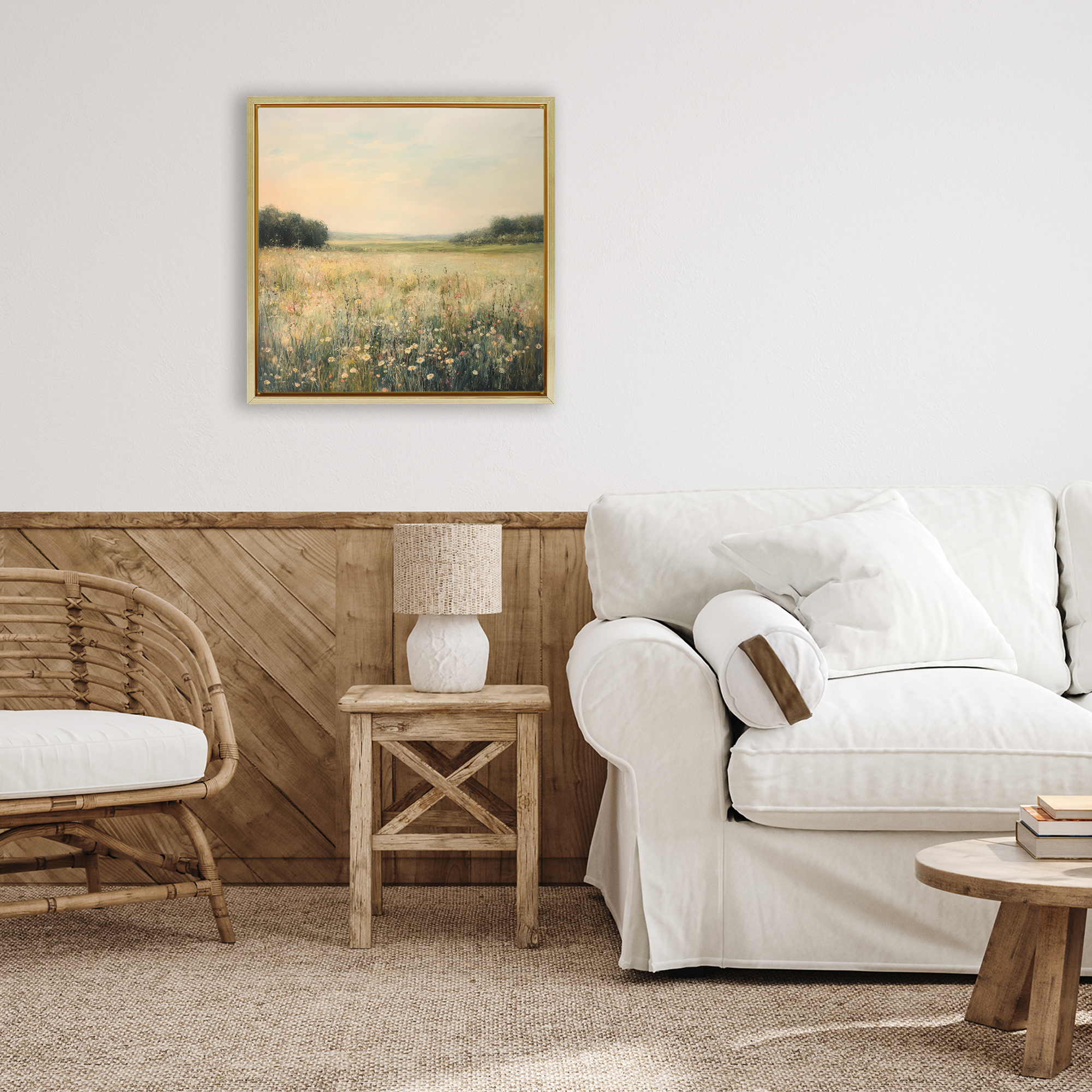 Stupell Industries Warm Wildflower Landscape Gold Framed Floater Canvas Wall Art design by Petal Prints Design, 18 x 18