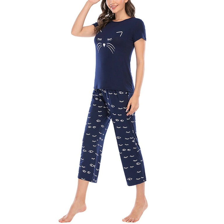 Short Sleeve Lightweight Sleepwear Comfy Top with Capris Pants