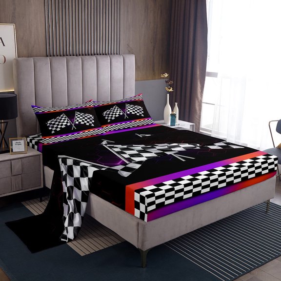 Erosebridal Race Checkered Sheet Set Twin, Sports Bedding Sets Twin Size, Neon Honeycomb Decor 3pcs