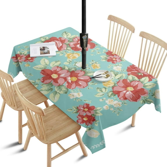 Outdoor Pioneer Pink Peel Tablecloth with Umbrella Hole and Zipper,Rectangle Waterproof Wrinkle Free Table Cloth Decorative Fabric Washable Table Cover for Patio, Party, Picnic 60 X 84 Inch