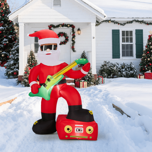 Alvantor 7.2 ft Black Santa Christmas Inflatable Playing Electric Guitar with 4 LED Lights, Red