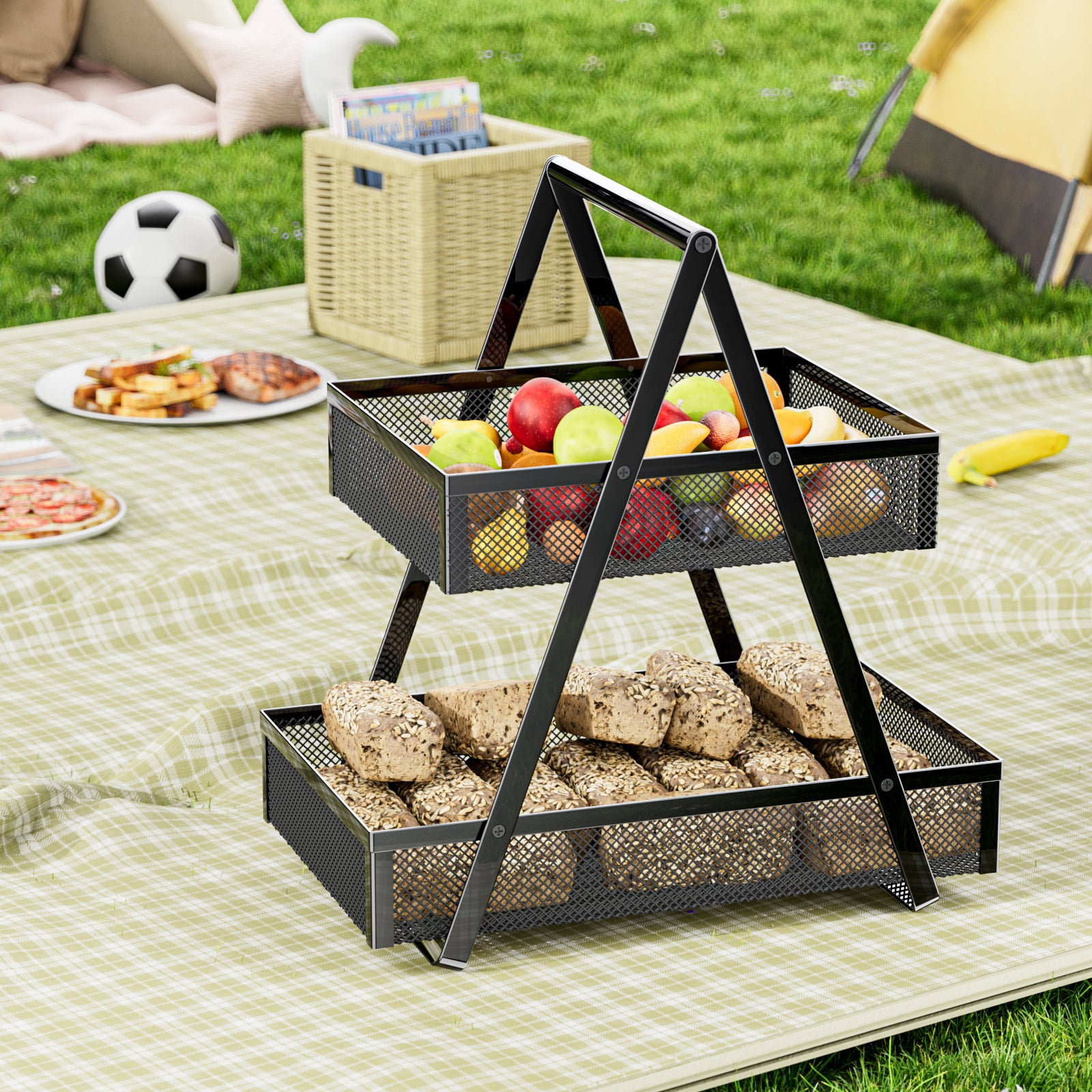 2 Tier Fruit Basket Kitchen Organizer Black Metal Handle for Fruits Vegetables Countertop Pantry Dining & Picnic
