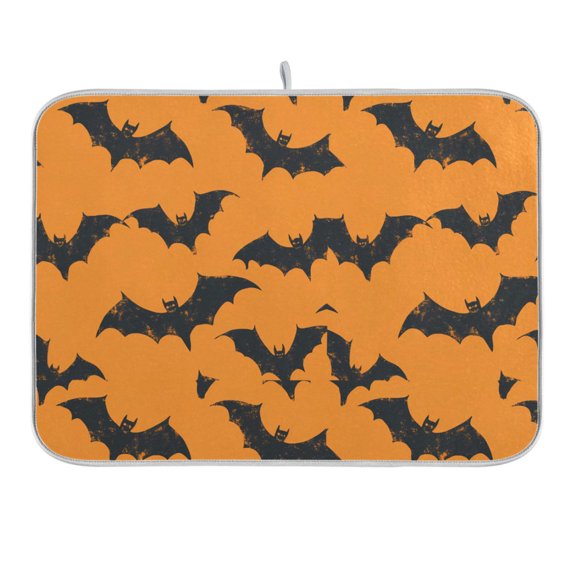Retro Bats on Orange Dish Drying Mat for Kitchen Counter 16x18 In Absorbent Microfiber Reversible Mats Dish Drainer Protector Rack Pad for Coffee Bar Table