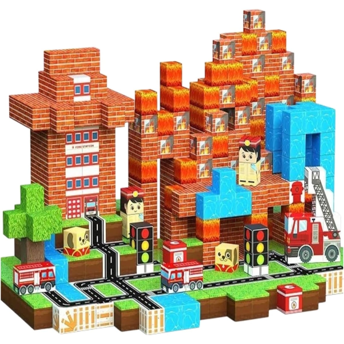 100PCS Fire Truck Building Toys Magnetic Building Blocks Toys for Kids Ages 3-10