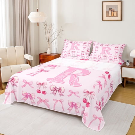 Feelyou Cherry Bow Letter R Full Size Sheets for Girls Fruit Ribbon Bed Sheets for Bedroom Hot Pink 4-Piece