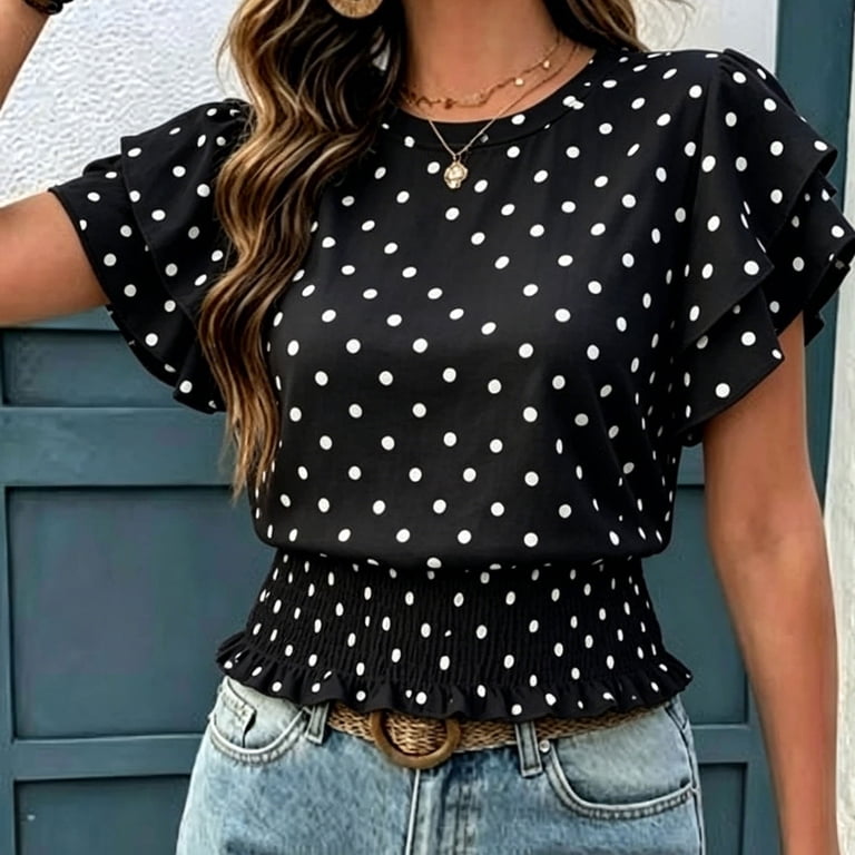 yillto Women Ruffle Short Sleeve Top Polka Dots Elegant Dressy