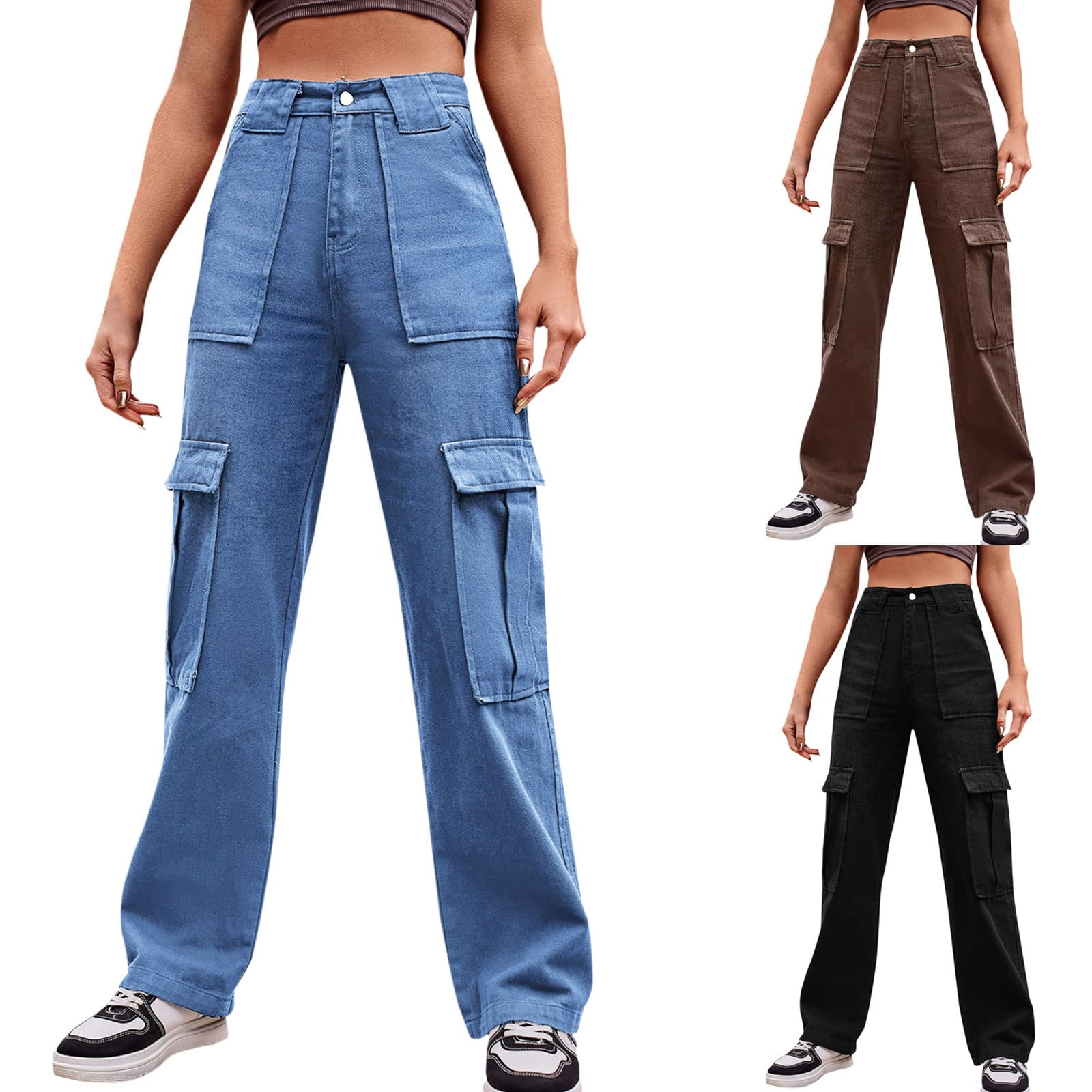 Women Casual High Waisted Cargo Pants Wide Leg Casual Denim Trousers Multi Pocket Cargo Jeans Black XXL