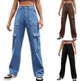 thumbnail image 4 of Women Casual High Waisted Cargo Pants Wide Leg Casual Denim Trousers Multi Pocket Cargo Jeans Coffee XL, 4 of 7