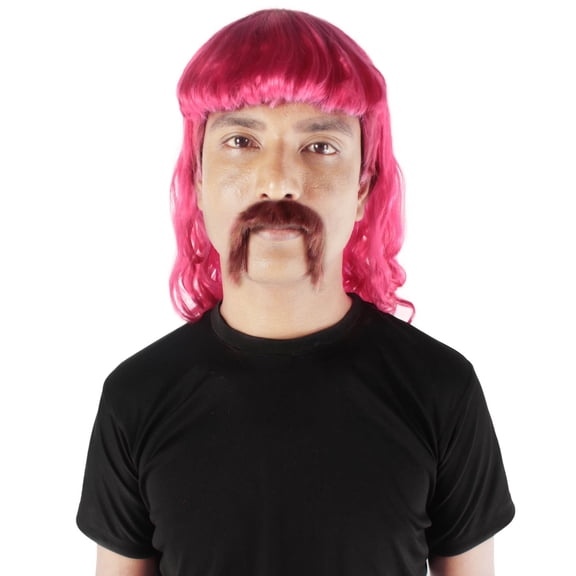 HPO Adult Men's 80's Mullet Wig with Handlebar Mustache Set, Long Curly Zookeeper Style with Flame-Retardant Synthetic Fiber - Pink