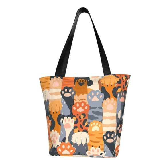 TEQUAN Reusable Shoulder Tote Bags, Cute Colorful Cat Paws Prints Polyester Casual Shopping Grocery Bag for Women