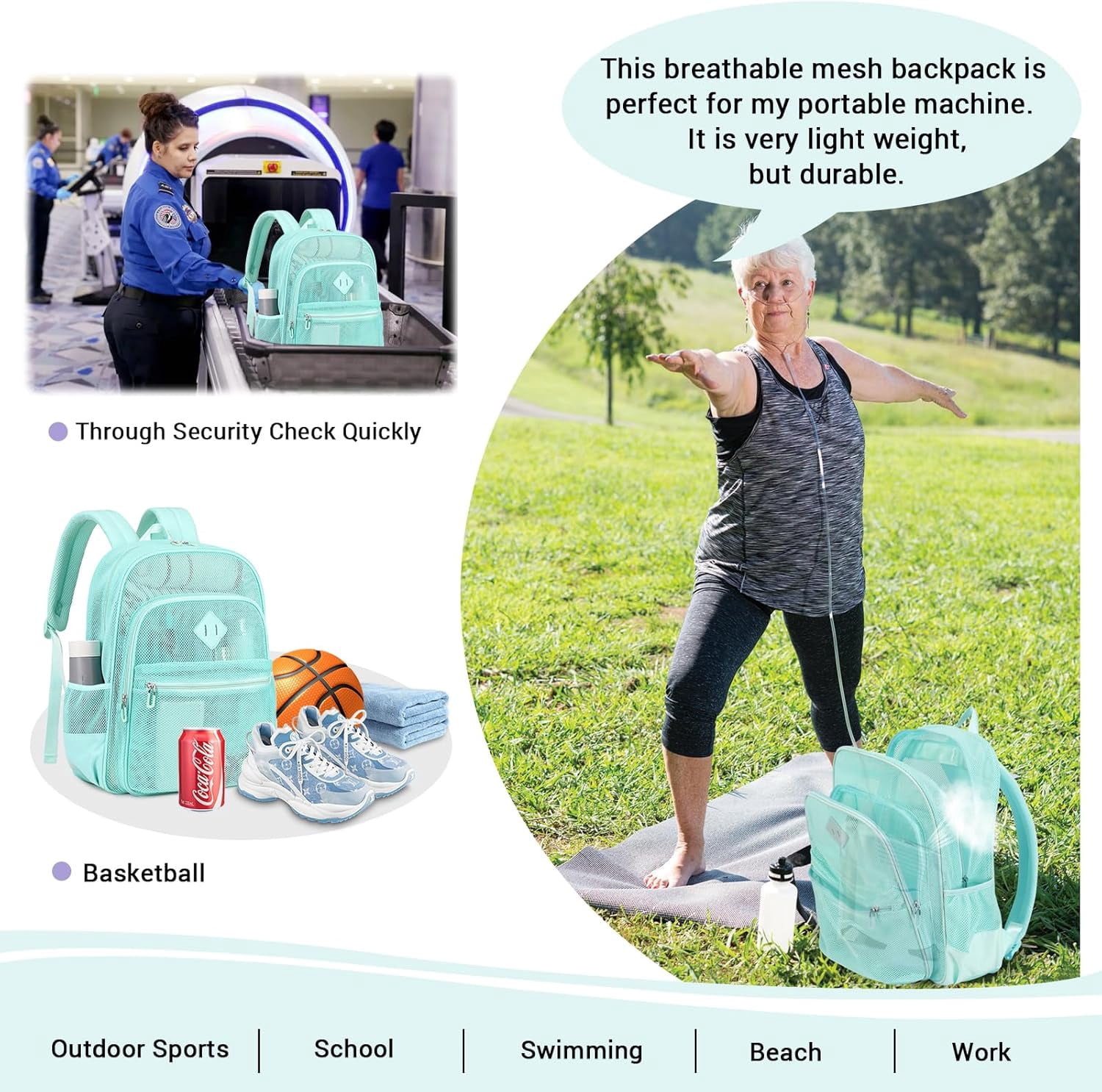 DAKIMOE Mesh Backpack School Backpack Bookbag Heavy Duty See Through Transparent Backpack Stadium Approved Large Capacity with Multiple Compartments Pockets for School Beach Swimming Sports Work