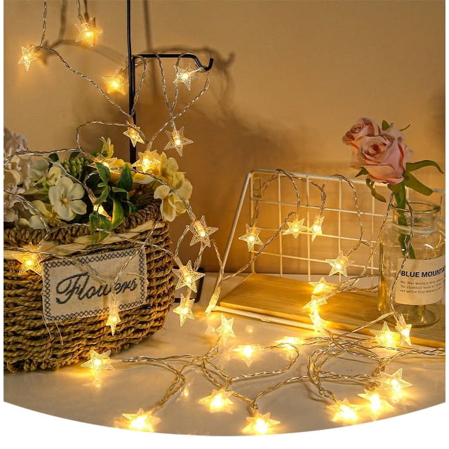 Guirnalda de luces de estrellas, 3 m, 20 LED, luz blanca cálida, decoración interior y exterior para habitación infantil, pared y dormitorio.
