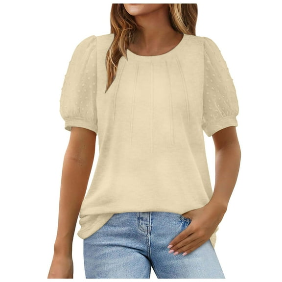 Tfken Summer T-Shirts For Women Puff Sleeve Crew Neck Solid Color Tops Trendy Casual Daily Wear Female Soft Shirts Beige