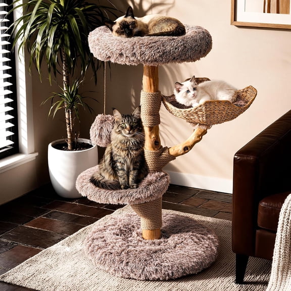 Sopapets 41.3"H Cat Tree Tower Natural Wood with Scratching Posts&Real Branch Design&1 Basket, Heavy Duty Aesthetic Cat Tower for Large Cats, Apricot