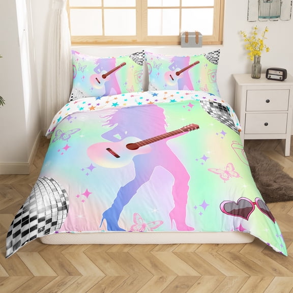 Manfei Music Guitar Girl 2-Piece Comforter Cover Toddler Size,Old Fashion Disco Ball Bedding Sets Toddler Size,Dreamy Princess Ultra Soft Bed Set,Lightweight Room Decor(No Comforter)