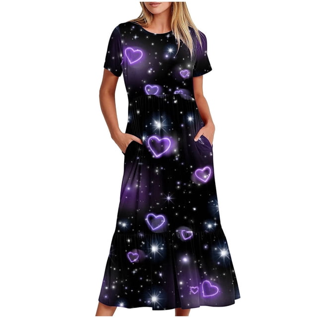 Robes pour Femmes 2024 Été Surdimensionné Manches Courtes Col Rond Ample Imprimé Couleur Longue Robe 50 % de Réduction!