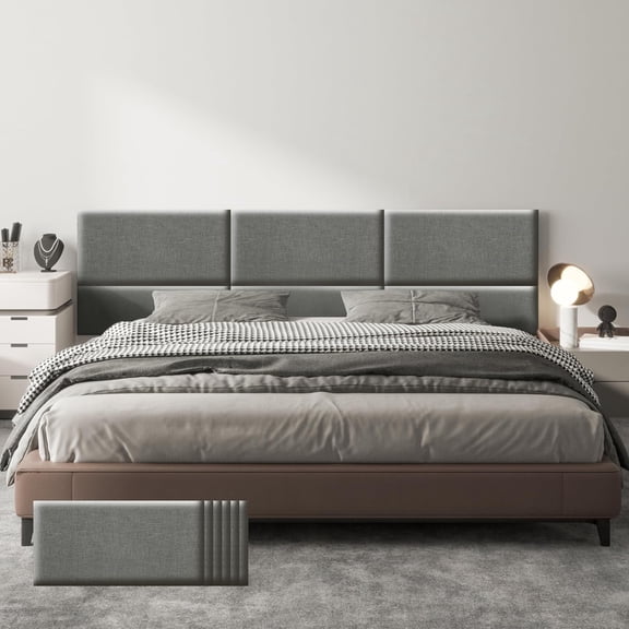 Peel and Stick Faux Linen Upholstered Headboard, 6-Panel Set for Full Bed, Dark Gray, Easy Wall Mount