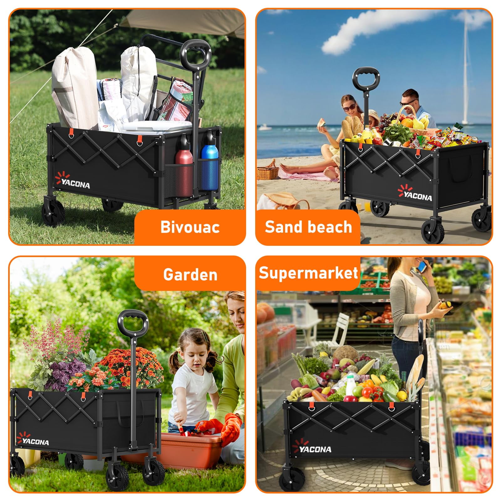 Yacona Wagon Cart Foldable, Portable Utility Shopping Cart with Wheels, Heavy Duty Grocery Cart for Beach, Outdoor Camping, Garden, Sports, Black