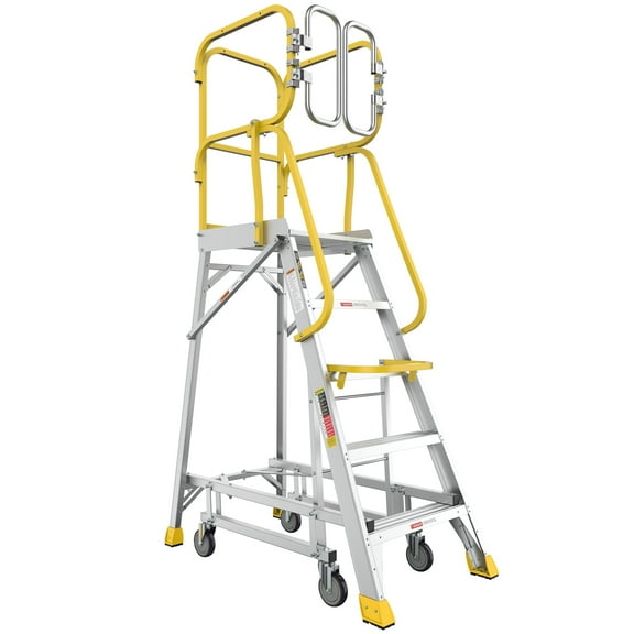 5 Step Heavy-Duty Safety Aluminum Rolling Platform Ladder, 375 lbs Capacity, 20"x 24" Work Platform with 360° Guardrail System, Industrial & Warehouse Ladder